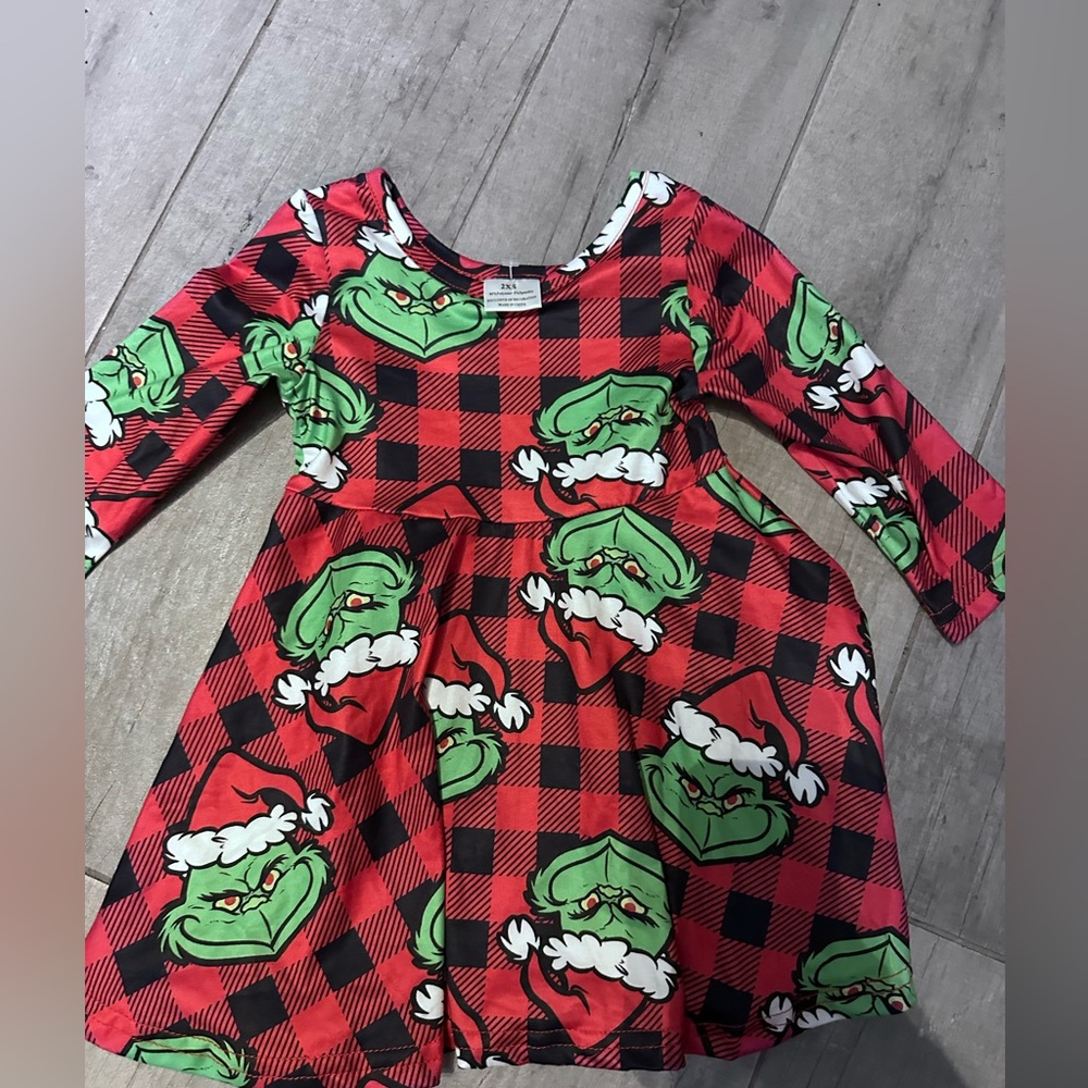 Red and Black Plaid Dress with Green Grinch Print